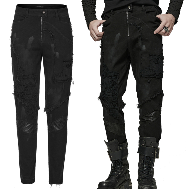 PUNK RAVE End Time Wasteland Trousers (WK-369U) in 5-pocket style with frayed seams, attached tattered mesh shreds and worn faux leather stripes on the lower legs.