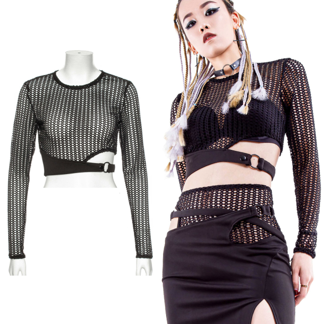 Mesh crop top in metal punk style with long sleeves and cool jersey band with O-ring around the left side of the body for a naughty cut-out look.