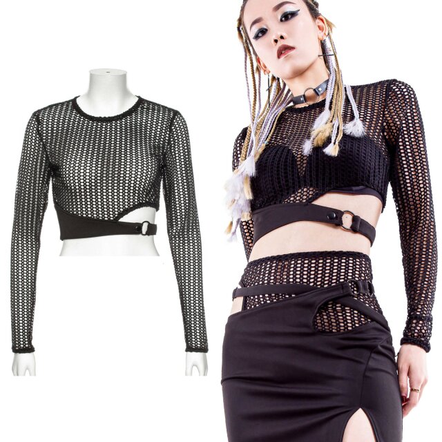 Netz Crop Top in Metal-Punk-Style mit langen Ärmeln und coolem Jersey-Band mit O-Ring um die linke Körperseite für einen unartigen Cut-Out-Look