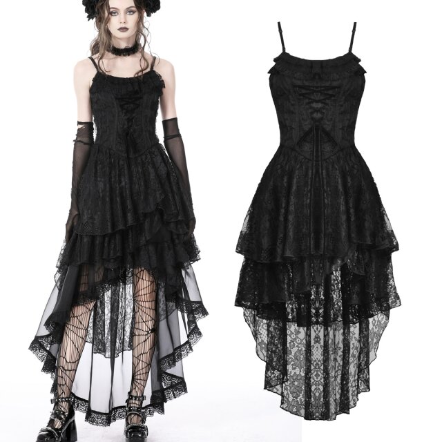 Dark In Love high-low dress (DW765) with straps, multi-layered lace skirt and delicate lace appliqué with decorative lacing on the chest.