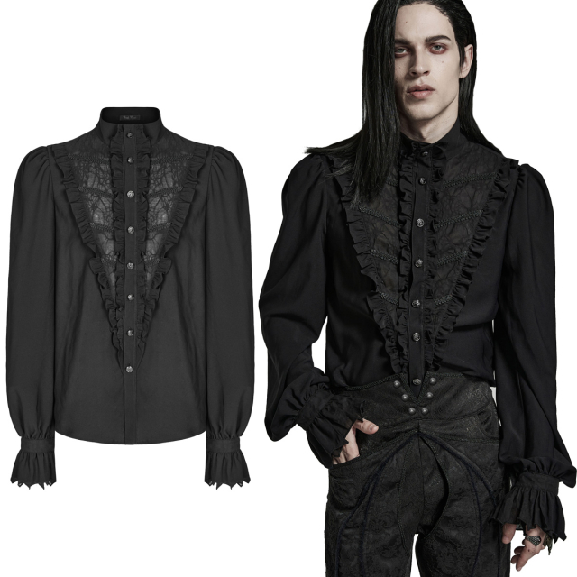 Black PUNK RAVE ruffled shirt (WY-1486BK) with simple stand-up collar, wide, billowing sleeves with frayed trumpet cuff and V-shaped insert on the chest with trim and ruffles.