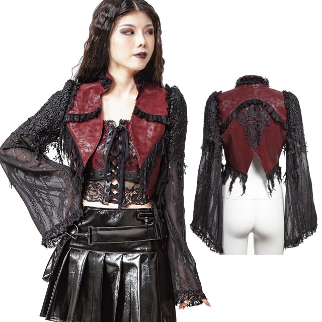 Enchanting Gothic bolero jacket made of faux leather in used look in plain black or red-black with long flared sleeves, fringed hemline and large lace ornaments