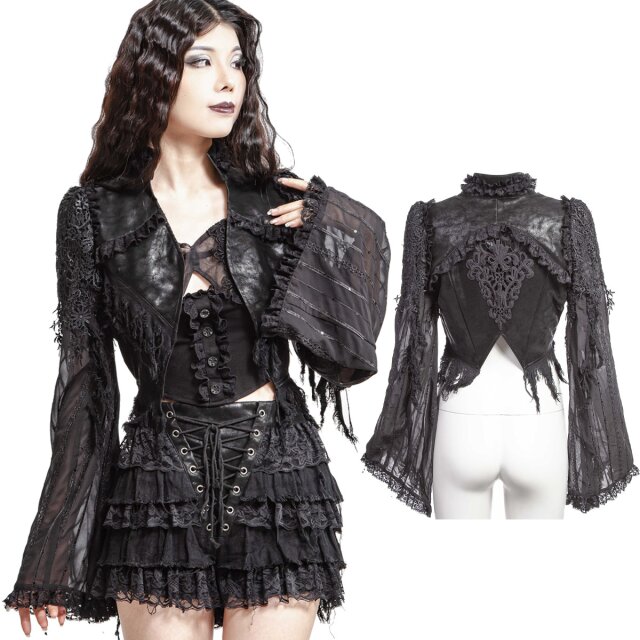 Zauberhaftes Gothic Bolero Jäckchen aus Kunstleder im Used-Look in uni-schwarz oder rot-schwarz mit langen ausgestellten Ärmeln, fransigem Zipfelsaum und großen Spitzenornamenten
