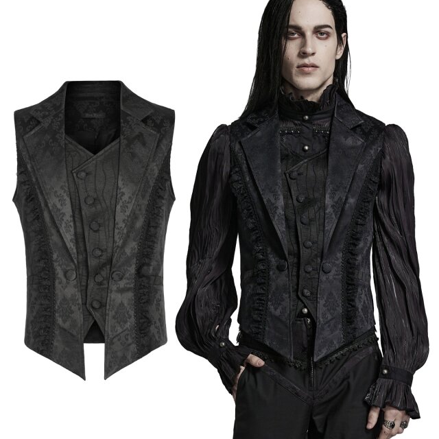 Victorian-Goth Brokat-Weste von Punk Rave (WY1469-PR) aus seidenmattem Material mit Ornamenten in raffiniertem Lagenlook mit spitz-zulaufendem Saum, schräg verlaufender Knopfleiste und Spitzenrüschen vorne.