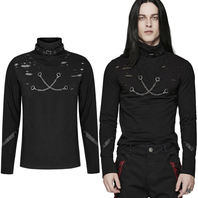 PUNK RAVE Langar-Shirt (WT-772BK) im Wasteland-Endzeit-Look mit aufgerissenen Schulterpartien, abnehmbaren Ketten auf der Brust und hohem Kragen mit Riemen mit Schnalle.