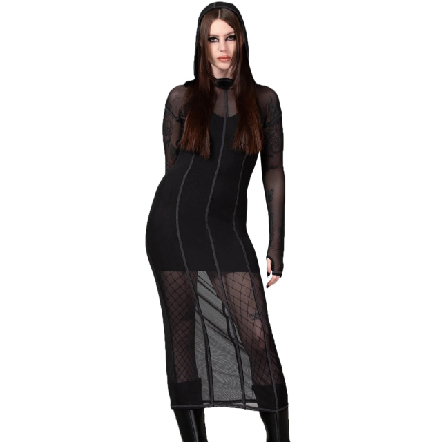 KILLSTAR Witchz Hoard Midi Dress - transparent mesh midi dress, slim fit with long sleeves and huge XXL hood