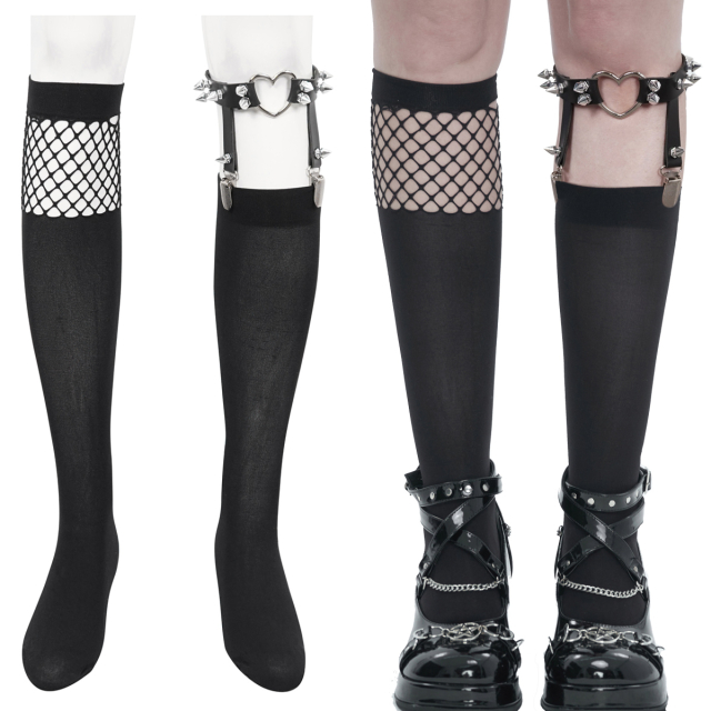 Devil Fashion Dark Lolita Knee Highs (AS155), partly with net and with a garter belt made of imitation leather with spiked rivets and silver-coloured heart.