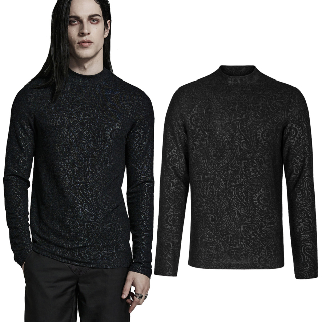 PUNK RAVE gothic longsleeve (WT-784) for men with noble iridescent tendril pattern and slim stand-up collar