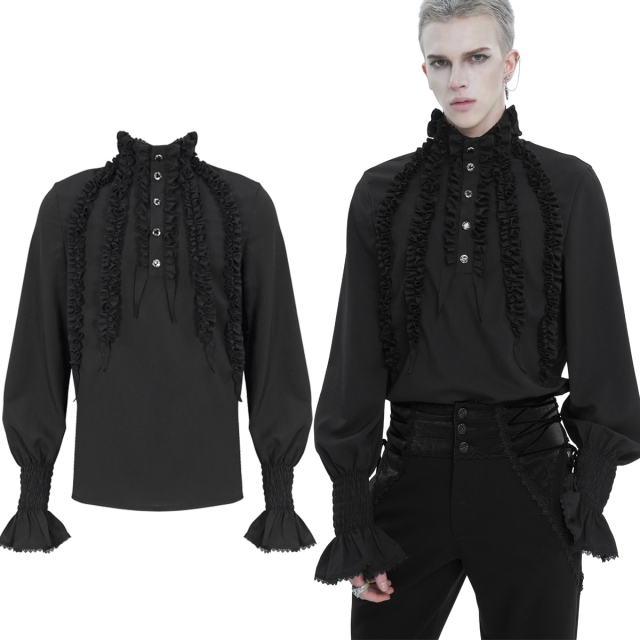 Viktorianisches Devil Fashion Rüschenhemd (SHT10401 & SHT10402) in weiß oder schwarz zum Reinschlupfen mit Stehkragen, Knopfleiste und Rüschen auf der Brust sowie Trompeten-Manschetten