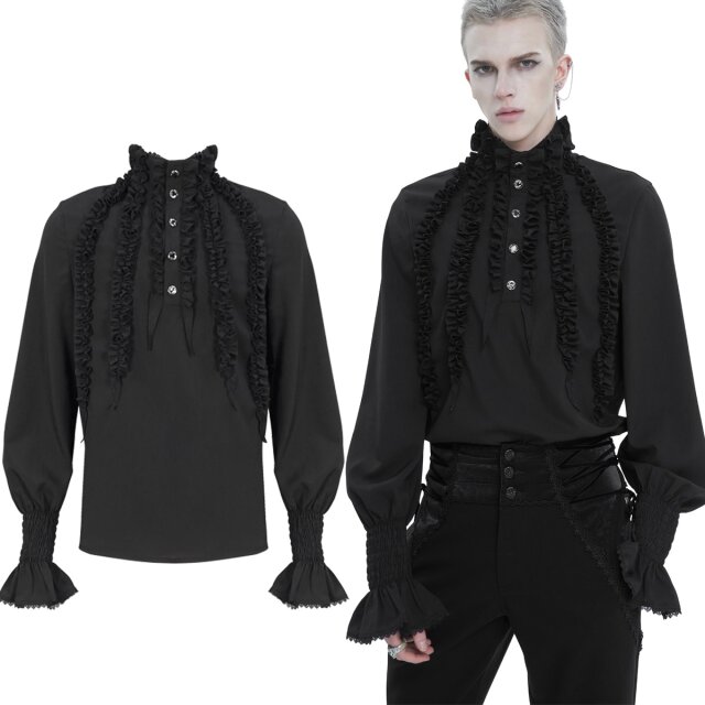 Victorian Devil Fashion ruffled shirt (SHT10401 & SHT10402) in white or black to slip into with stand-up collar, button placket and ruffles on the chest as well as trumpet cuffs