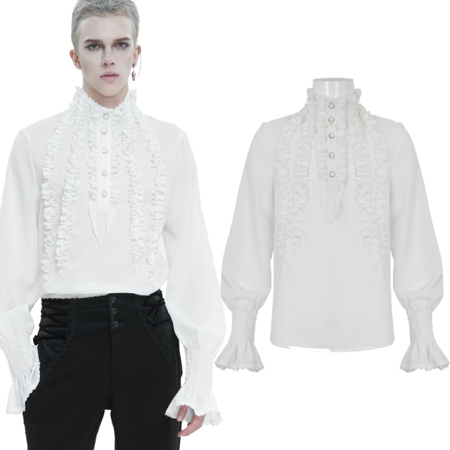 Victorian Devil Fashion ruffled shirt (SHT10401 & SHT10402) in white or black to slip into with stand-up collar, button placket and ruffles on the chest as well as trumpet cuffs