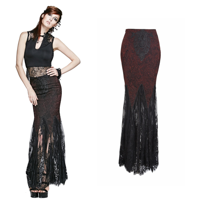 Long black and red lace skirt by Punk Rave - size: M