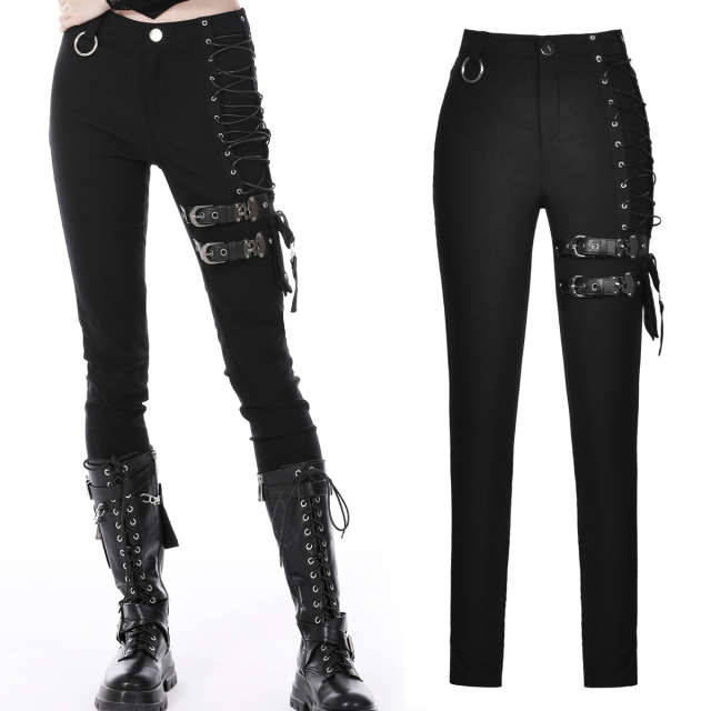 Dark In Love skinny gothic stretch trousers (PW120) with straps, buckles and decorative lacing on the hip, as well as a small cargo pocket on the thigh.
