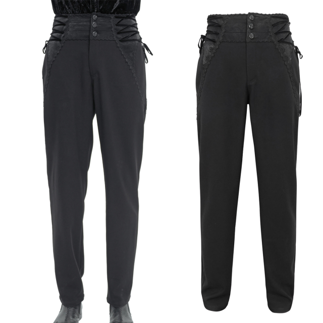 Devil Fashion Gothic trousers (PT217) in Victorian style with wide set waistband in cummerbund optics with brocade pattern, as well as side lacing.