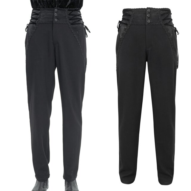 Devil Fashion Gothic Hose (PT217) im viktorianischen Stil mit breitem angesetzten Bund in Kummerbund-Optik mit Brokatmuster, sowie seitlichen Schnürungen.