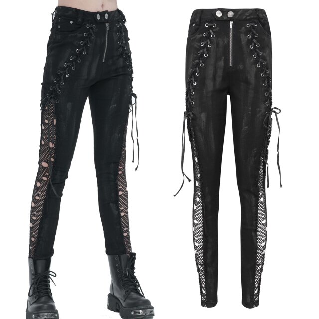 Devil Fashion Punk Gothic Jeans (PT210) with anthracite patches, lacing and large distressed mesh inserts
