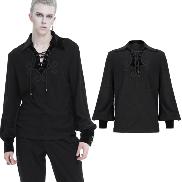 Devil Fashion medieval gothic slip-on shirt (SHT086) with lace-up neckline, velvet insert and trim, velvet shirt collar and cuffs.