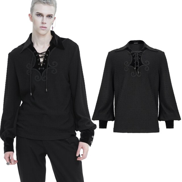 Devil Fashion mittelalterliches Gothic Schlupfhemd (SHT086) zum Schnüren am Ausschnitt mit Samteinsatz und Bortenverzierung, Hemdkragen und Manschetten aus Samt.