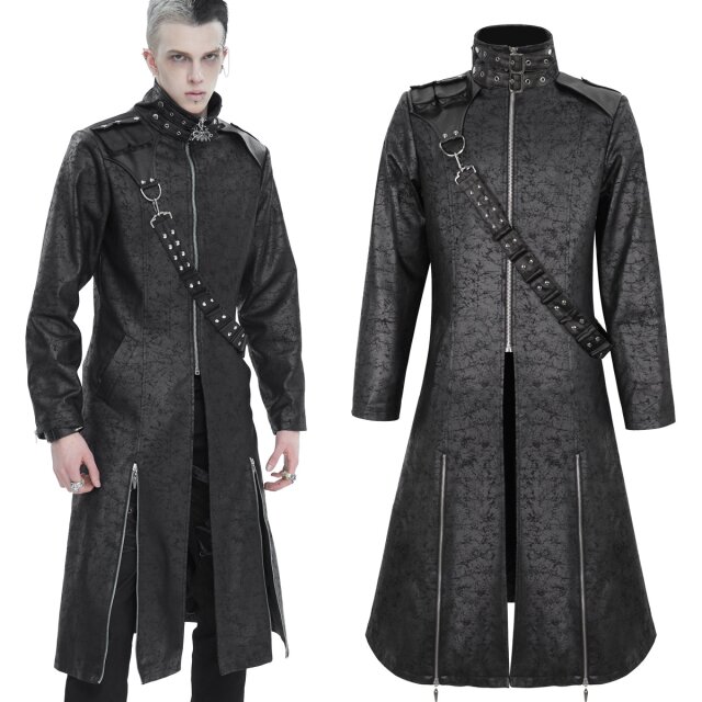 Devil Fashion Gothic Coat (CT209) made of allover printed denim in the look of scuffed leather with shoulder yoke made of faux leather with cargo pockets, epaulette and ammunition belt in post-apocalyptic style.
