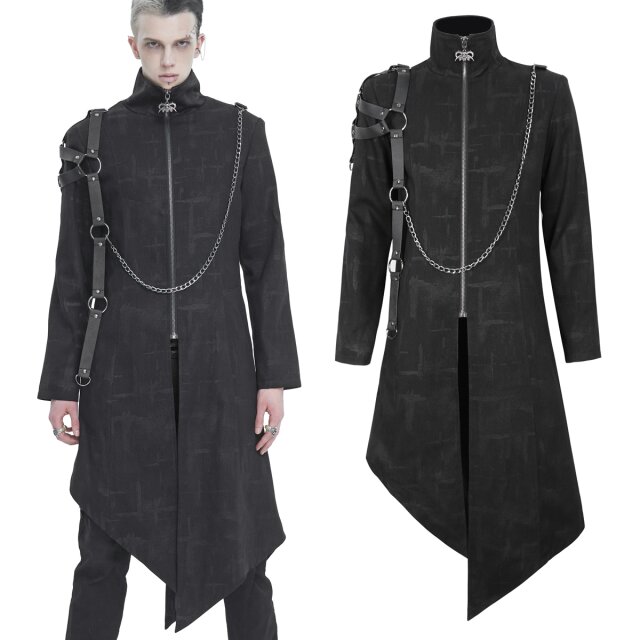 Devil Fashion Herrenmantel (CT206) in fleckigem Denim-Desing mit Kunstleder-Riemen auf der rechten Schulter in Harness-Optik, abnehmbarer Kette sowie D-Ringen. Abgeschrägter, spitz zulaufender Saum
