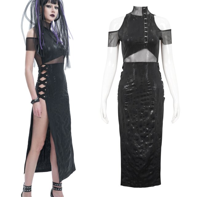 Devil Fashion Gothic Maxi-Kleid (SKT170) asiatischer Cheogsam-Stil trifft auf Post-Apokalypse-Style mit hohen Schlitzen, Netz und Lack-Print in Schlangenhaut-Optik