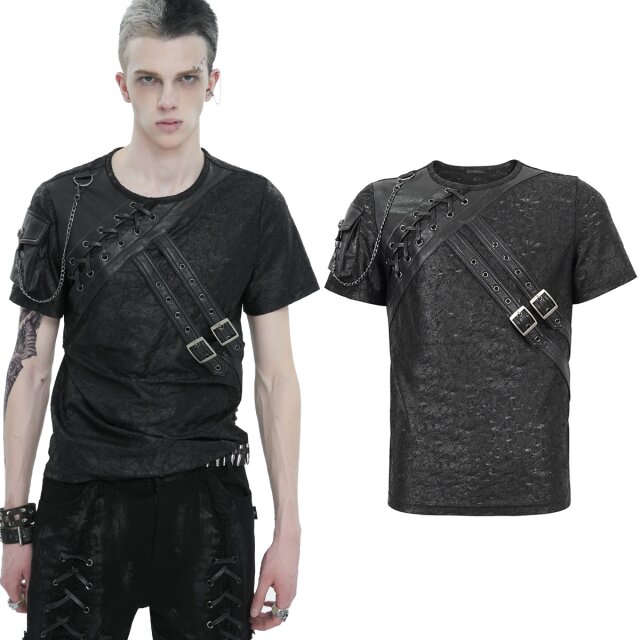 Devil Fashion T-Shirt (TT248) im Wasteland-Look aus leicht zerfetztem Stretch-Material mit Kunstleder-Applikationen auf der Brust und Pattentasche mit Kette auf dem Arm.