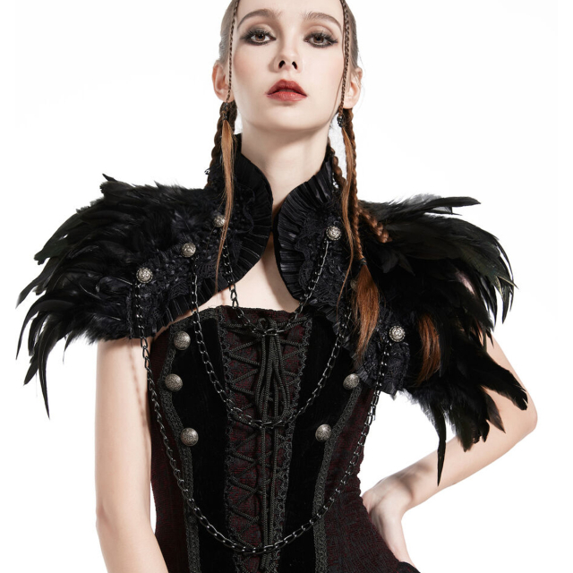 Dark romantic gothic feather cape in bolero optics with delicate stand-up collar made of lace ruffles, double row of decorative buttons and chains at the front.