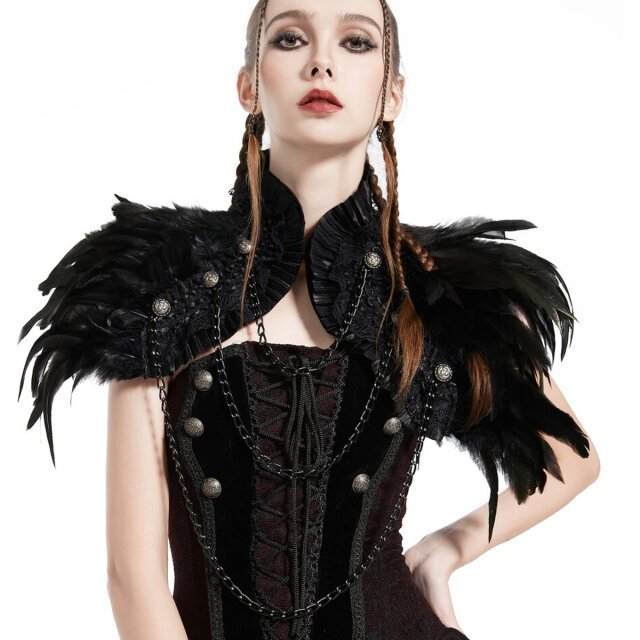 Dunkelromantisches Gothic Feder Cape in Bolero-Optik mit zartem Stehkragen aus Spitzenrüschen, zweireihigen Zierknöpfen und Ketten vorne.