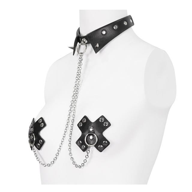 Faux Leather Collar with Chain and Nipple Pasties