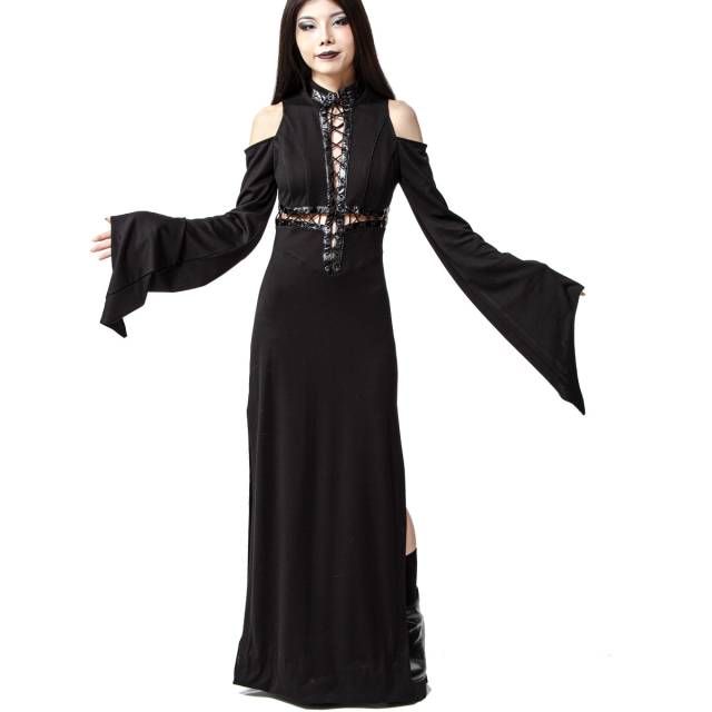 Knöchellanges, schmales Gothic Kleid im Morticia Stil mit umgedrehten Lack-Kreuz mit Schnürung auf der Brust, langen ausgestellten Ärmeln mit Cut-Outs auf den Schultern und verführerisch hohen Schlitzen seitlich.