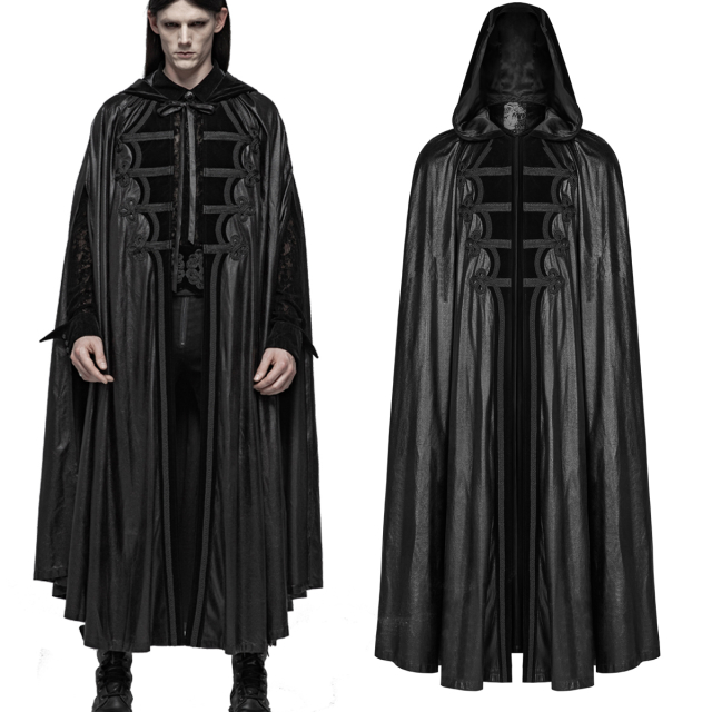 Long PUNK RAVE gothic cape with hood (WY-1013BK) in vampire style made of silky shiny velour in noble nubuck leather look with velvet lapel with Victorian decorative borders.