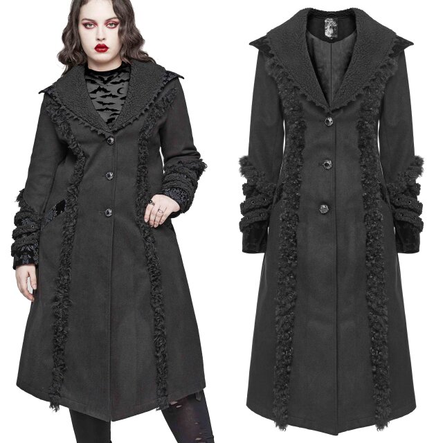 PUNK RAVE Gothic Fleece-Mantel (DY-1528BK) in Lammfell-Optik mit Samt-Besätzen mit Ornament-Muster und Schnürung im Rücken