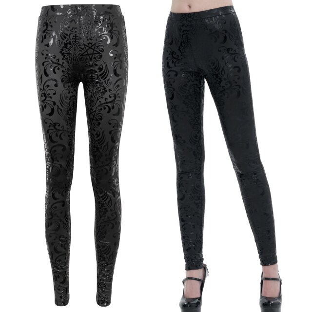 Devil Fashion Gothic Leggings (PT212) with a printed patent pattern of vines and occult motifs