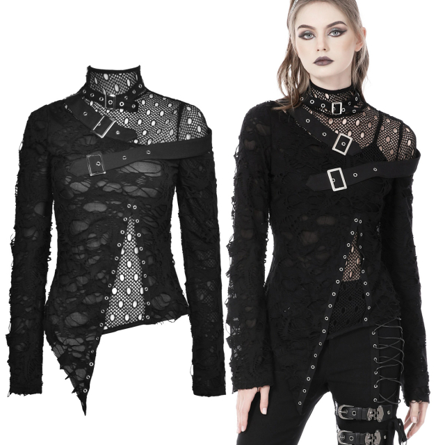 Dark In Love asymmetric cut long sleeve punk shirt (TW462) made of soft shredded fabric with shoulder and collar made of holey mesh with cross straps with buckles