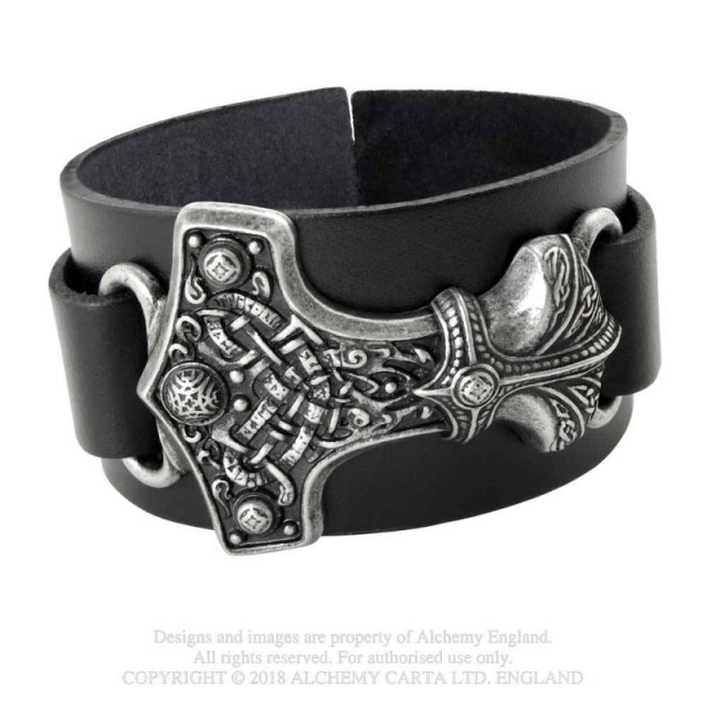 Alchemy England wide leather wrist strap Thunderhammer (A98) with big Thors hammer and buckle for individual adjustment.