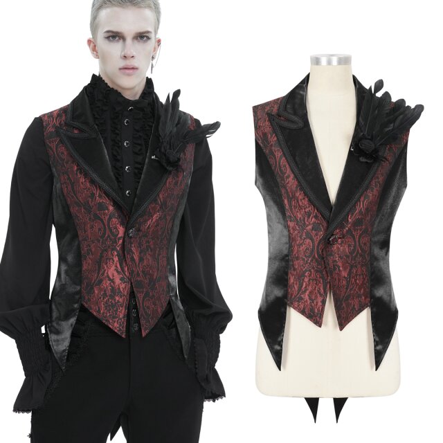 Devil Fashion Victorian Goth waistcoat in plain black (WT07601) or red-black (WT07602) with brocade pattern and short tails, as well as opulent detachable clip with feathers and 3D fabric flower