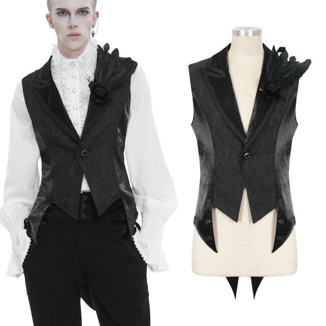 Devil Fashion Victorian Goth waistcoat in plain black (WT07601) or red-black (WT07602) with brocade pattern and short tails, as well as opulent detachable clip with feathers and 3D fabric flower