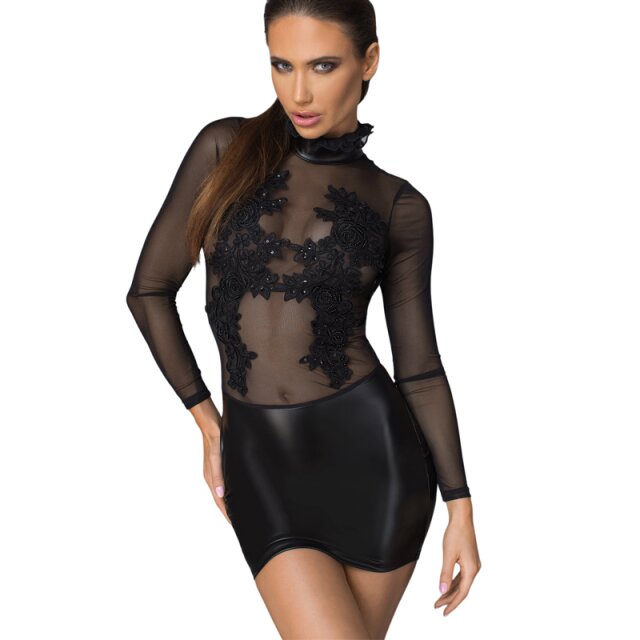 Sinnlich verführerisches Wetlook-Minikleid mit semi-transparentem Mesh-Oberteil und tiefen Rückenausschnitt mit großen Spitzenapplikationen mit Perlen und Pailletten besetzt