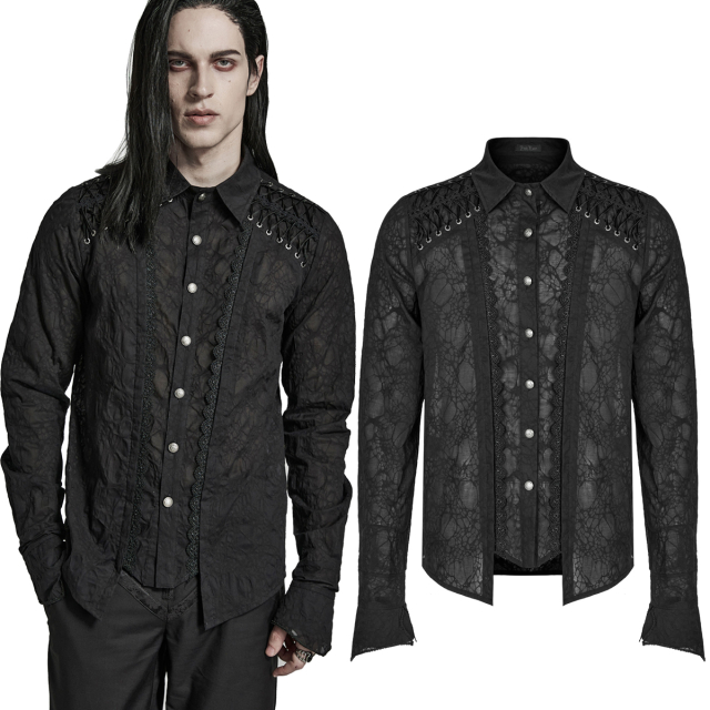 PUNK RAVE Victorian-Goth Hemd (WY-1463BK) aus edlem Knitter-Material mit Spitzenborten und Schnürungen auf den Schultern, raffinierter Saum und spitze Manschetten