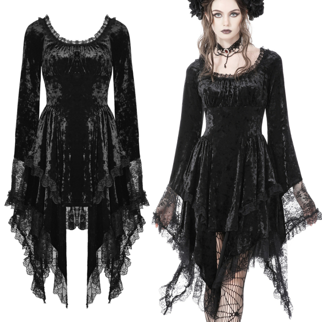 Dark In Love dark romantic gothic mini dress (DW753) with tipped hem and long flared trumpet sleeves.