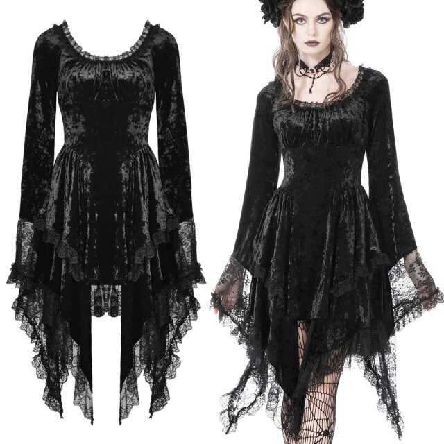 Dark In Love dunkelromantisches Gothic-Minikleid (DW753) mit Zipfelsaum und langen ausgestellten Trompetenärmeln.