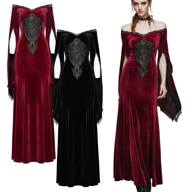 Long PUNK RAVE gothic velvet dress (DQ-641BK & BK-RD) in plain black or red-black in mermaid line with large lace ornament and wide swinging, slit sleeves