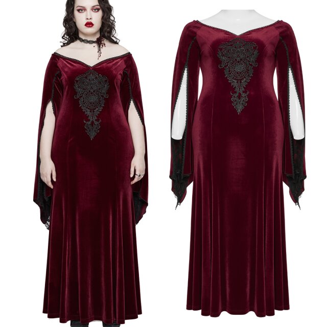 Long PUNK RAVE gothic velvet dress (DQ-641BK & BK-RD) in plain black or red-black in mermaid line with large lace ornament and wide swinging, slit sleeves