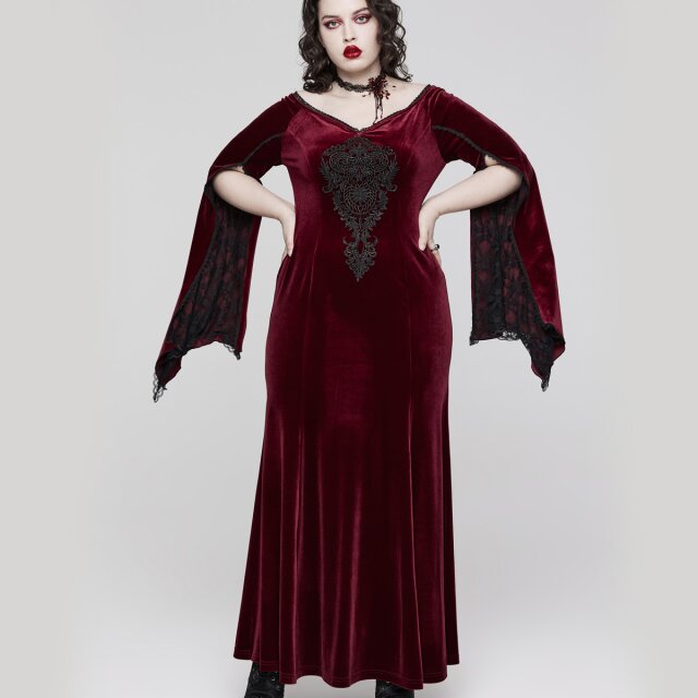 Langes PUNK RAVE Samtkleid My Precious Scarlett in uni-schwarz oder rot-schwarz