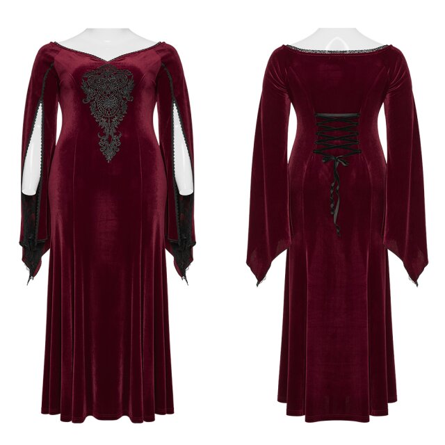 Langes PUNK RAVE Samtkleid My Precious Scarlett in uni-schwarz oder rot-schwarz