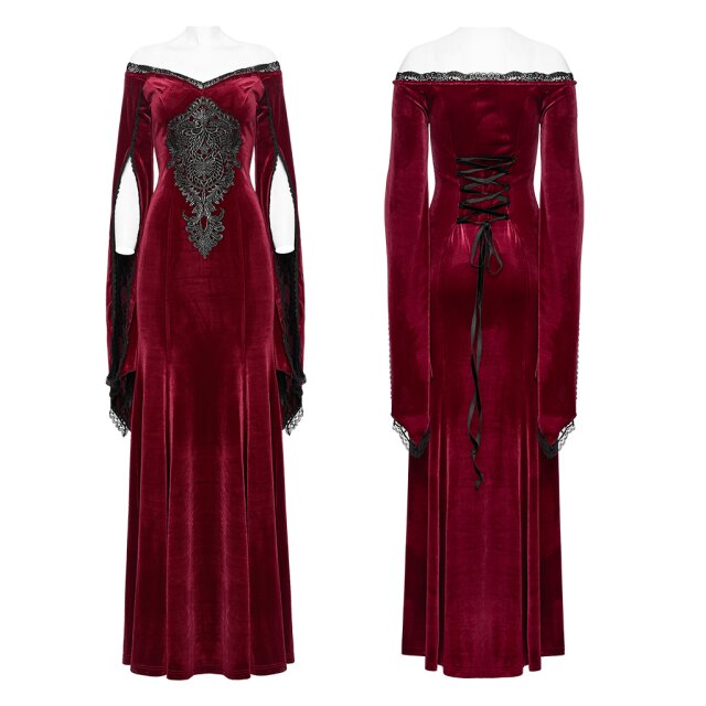 Langes PUNK RAVE Samtkleid My Precious Scarlett in uni-schwarz oder rot-schwarz