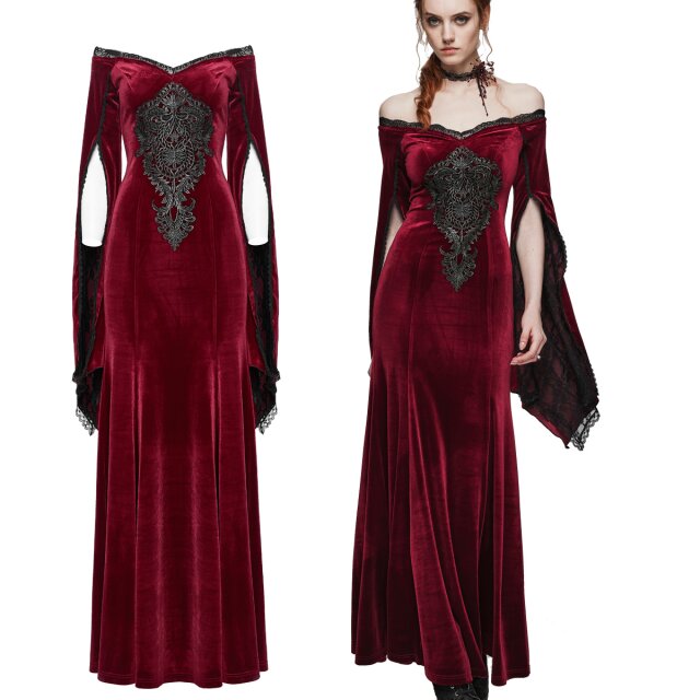 Langes PUNK RAVE Gothic Samtkleid (DQ-641BK & BK-RD) in uni-schwarz oder rot-schwarz in Mermaid-Linie mit großem Spitzenornament und weit schwingenden, geschlitzten Ärmeln