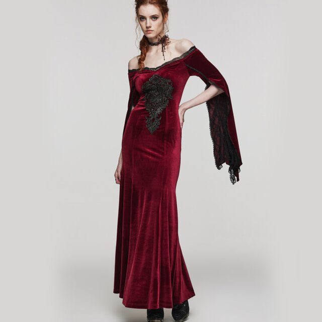 Langes PUNK RAVE Samtkleid My Precious Scarlett in uni-schwarz oder rot-schwarz
