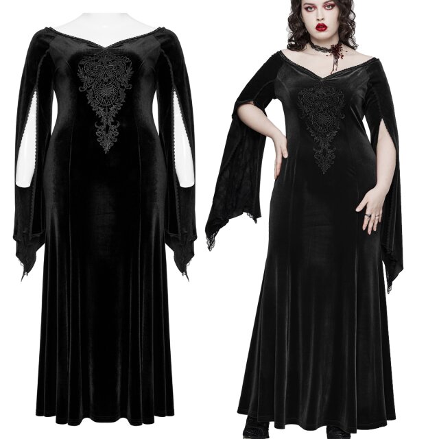 Langes PUNK RAVE Gothic Samtkleid (DQ-641BK & BK-RD) in uni-schwarz oder rot-schwarz in Mermaid-Linie mit großem Spitzenornament und weit schwingenden, geschlitzten Ärmeln