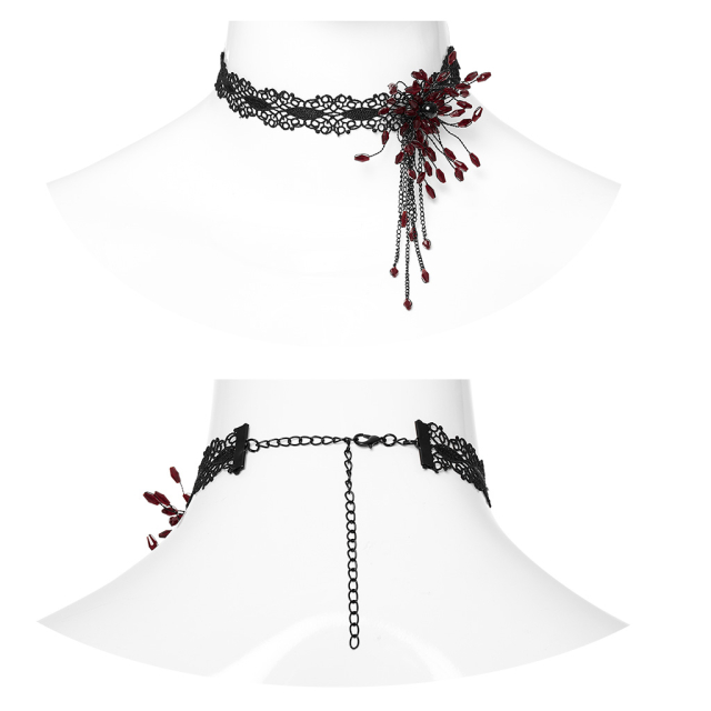 Black PUNK RAVE lace necklace with flower in black or black-red